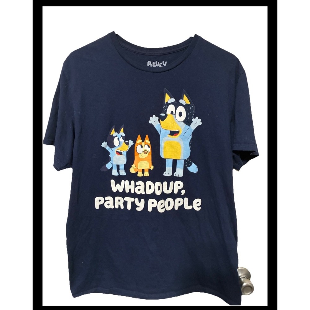 Bluey Whaddup Party People Graphic Tee Navy Blue Cotton T-Shirt Mens Large XL